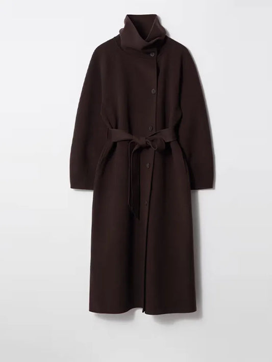 Retro Solid Stand Collar Long Tweed Coat Women 2025 Fashion Large Lapel Single Breasted Coats With Belt Lady Chic Street Outwear
