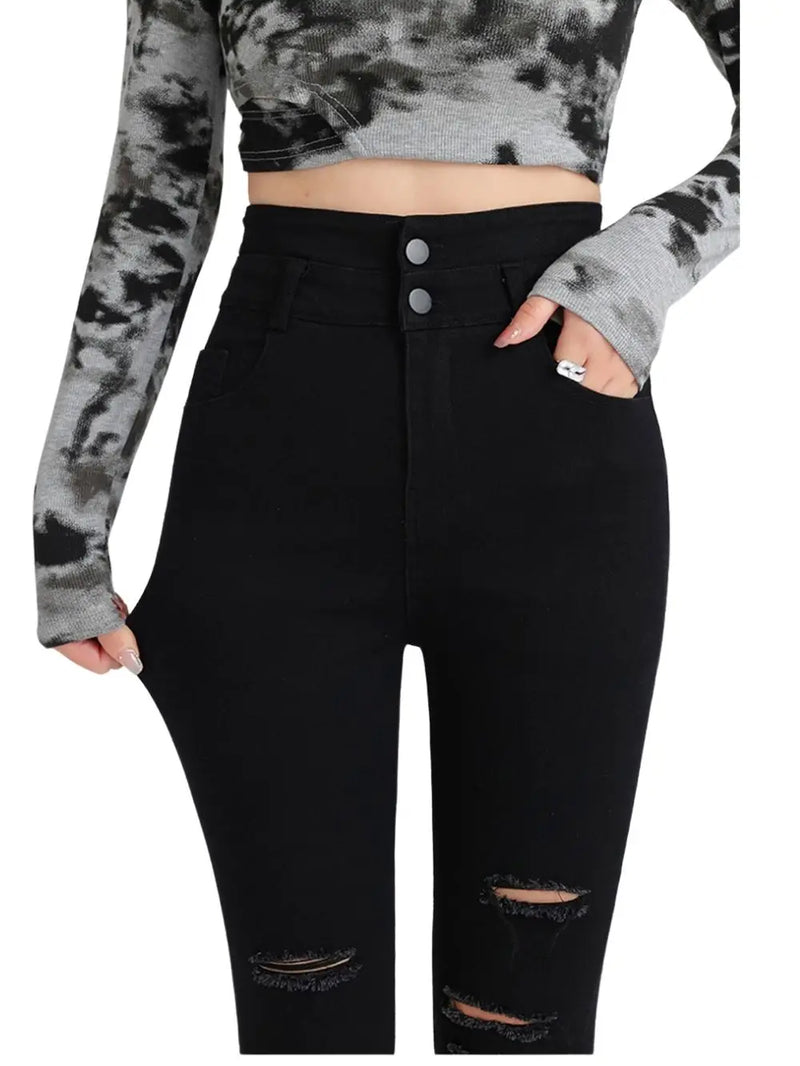 Women Button Fly Jeans Black High Waisted Ripped Jean Stretchy Thicken Denim Dress Pants Distressed Jeans Casual Style ouc046