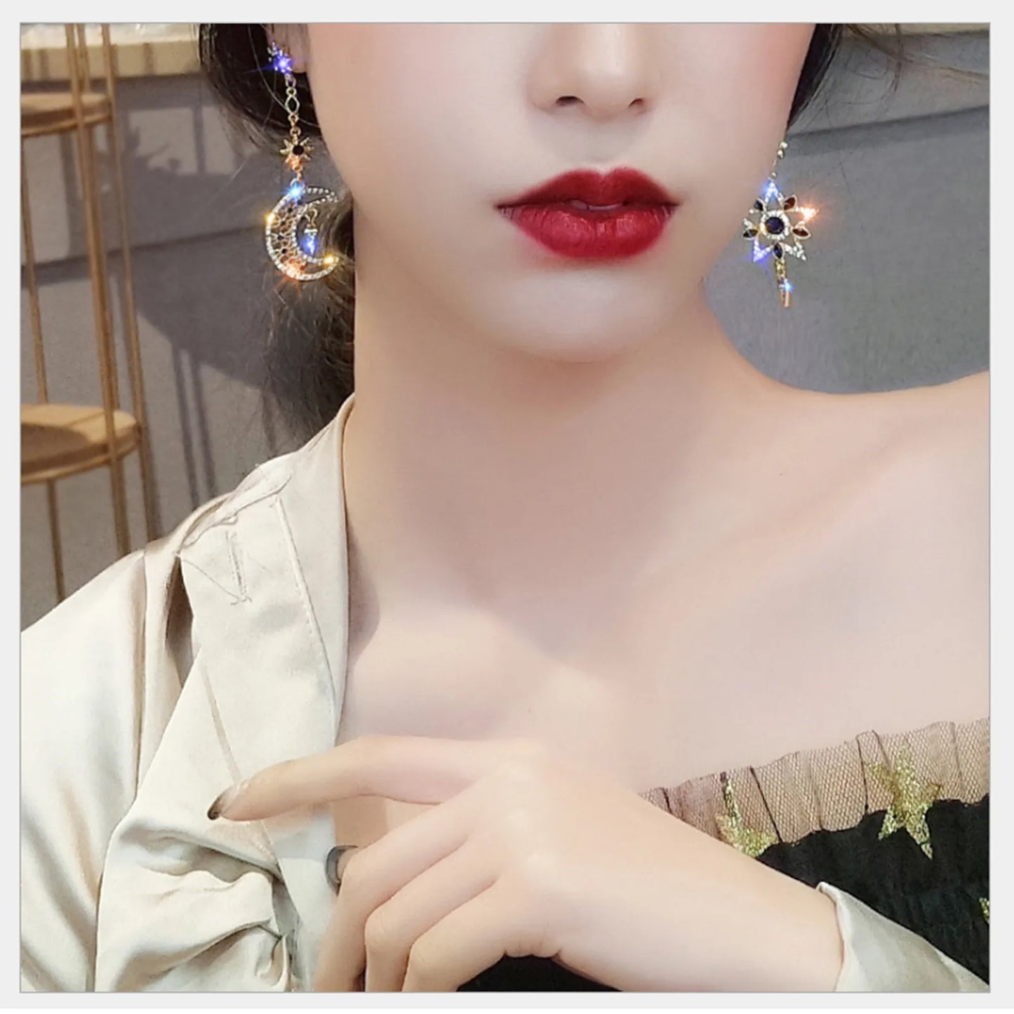 on Earrings Girls Silver Earrings Pointed Asymmetric Needle Star Five Long Earrings Drop Heart Earrings