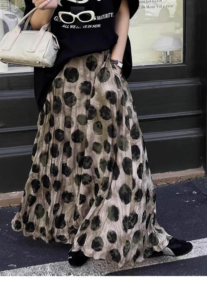 Elegant Green Dot Skirt Women Vintage High Waisted Holiday Beach Skirt A Line Skinny Print Tie Dye Pretty Style Skirt