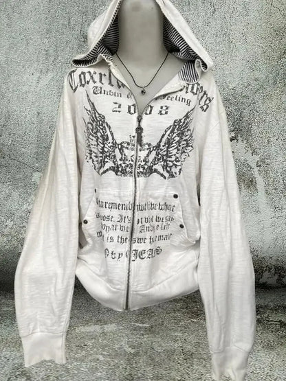 Vintage Sweatshirts 2024 Women's Clothes White Print Tunic Hooded Y2k Coat Streetwear Fashion Casual Hoodies Tops Ropa Mujer