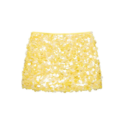 HH Women Fashion Yellow Sequin Mini Skirts Side Zipper High Waist A Line Skirt Summer Sexy Lady Elegant Club Party Skirts
