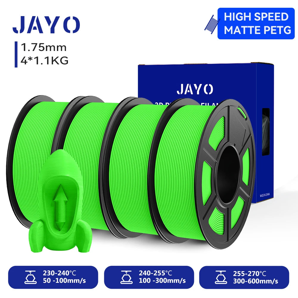 JAYO 4Rolls 3D High Speed Matte PETG 3D Filament 1.75mm 30mm/s - 600mm/s Print Range High Flow Speedy PETG 3D Printer Filament