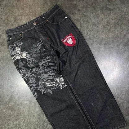 American Fashion Trend Joker Pattern Embroidered Loose Jeans Women Street Y2K New Hip Hop Oversized Wide-leg Pants Unisex Jeans