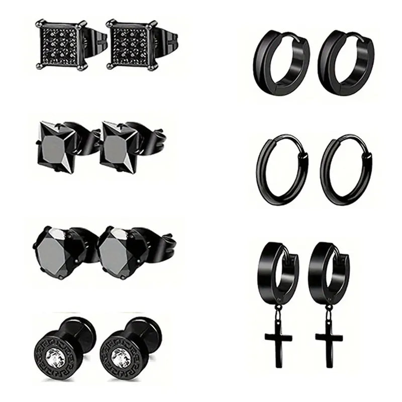 21 pairs of men's stainless steel earrings, circular CZ earrings, hypoallergenic earrings, unisex perforated earrings