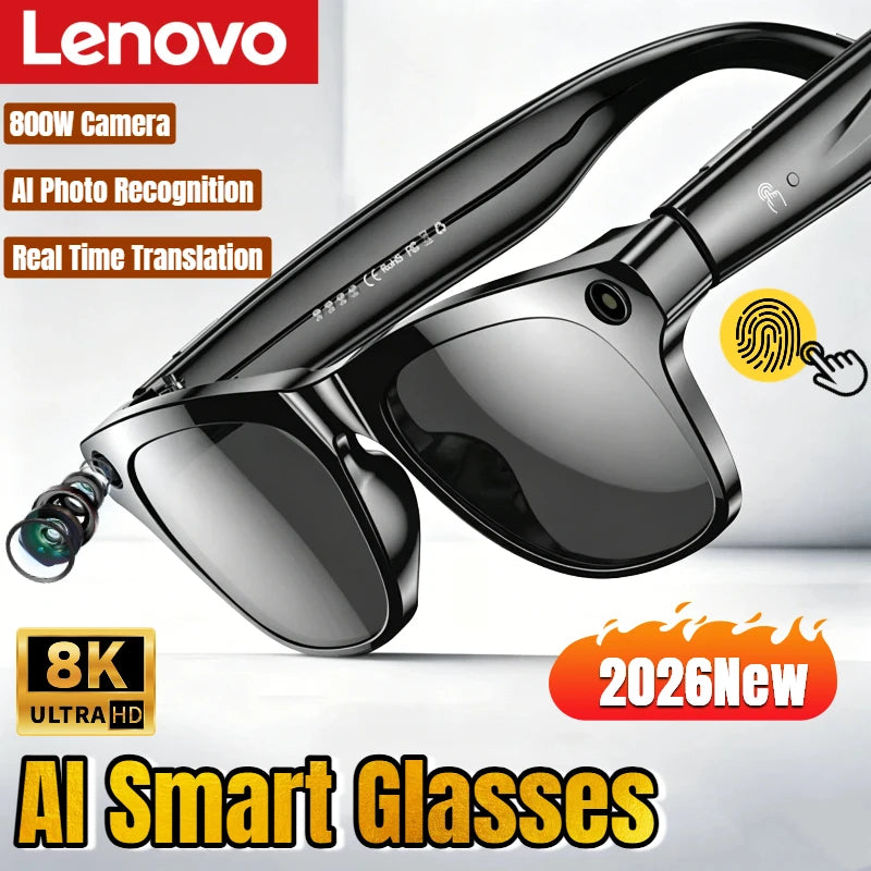 Lenovo 100MP Camera 8K HD Smart Glasses Chat GPT 260mAh Battery Bluetooth Call Voice Assistant Control Smart Glasses for Men