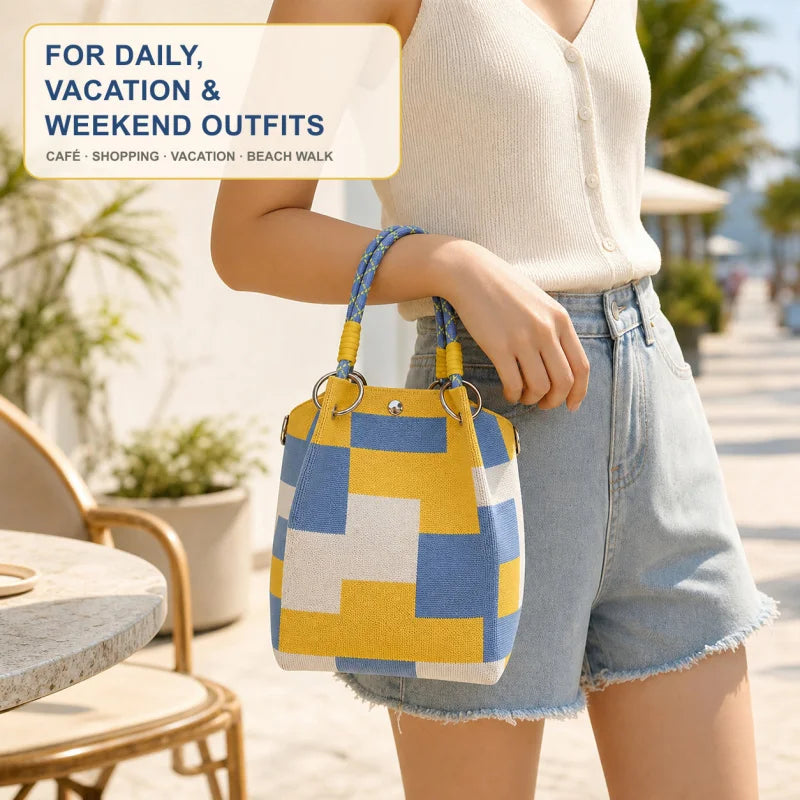 Mini Knitted Bucket Bag Women Small Handbag Geometric Colorblock Wristlet Purse With Detachable Handle
