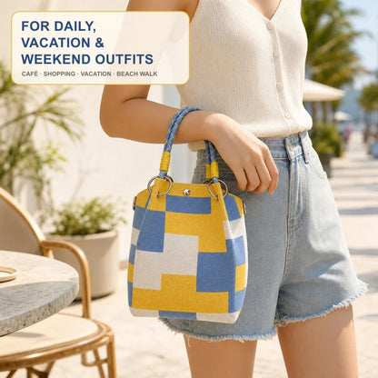 Mini Knitted Bucket Bag Women Small Handbag Geometric Colorblock Wristlet Purse With Detachable Handle
