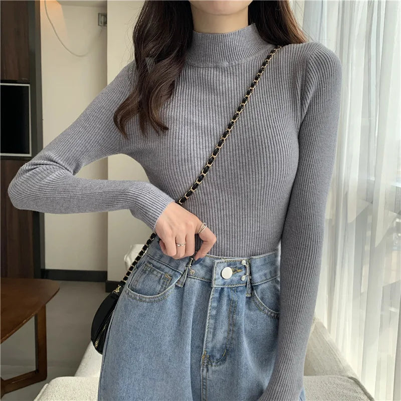 2026 Autumn Basic Bottoming Sweater Top Women Ribbed Soft Mock Neck Elastic Pullover Warm Solid Color Slim Jumper