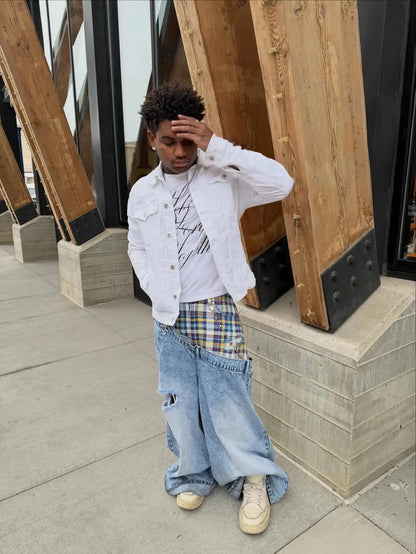 New retro striped patchwork hip hop high street women jeans Y2K fashion washed side panels men and women ripped loose jeans