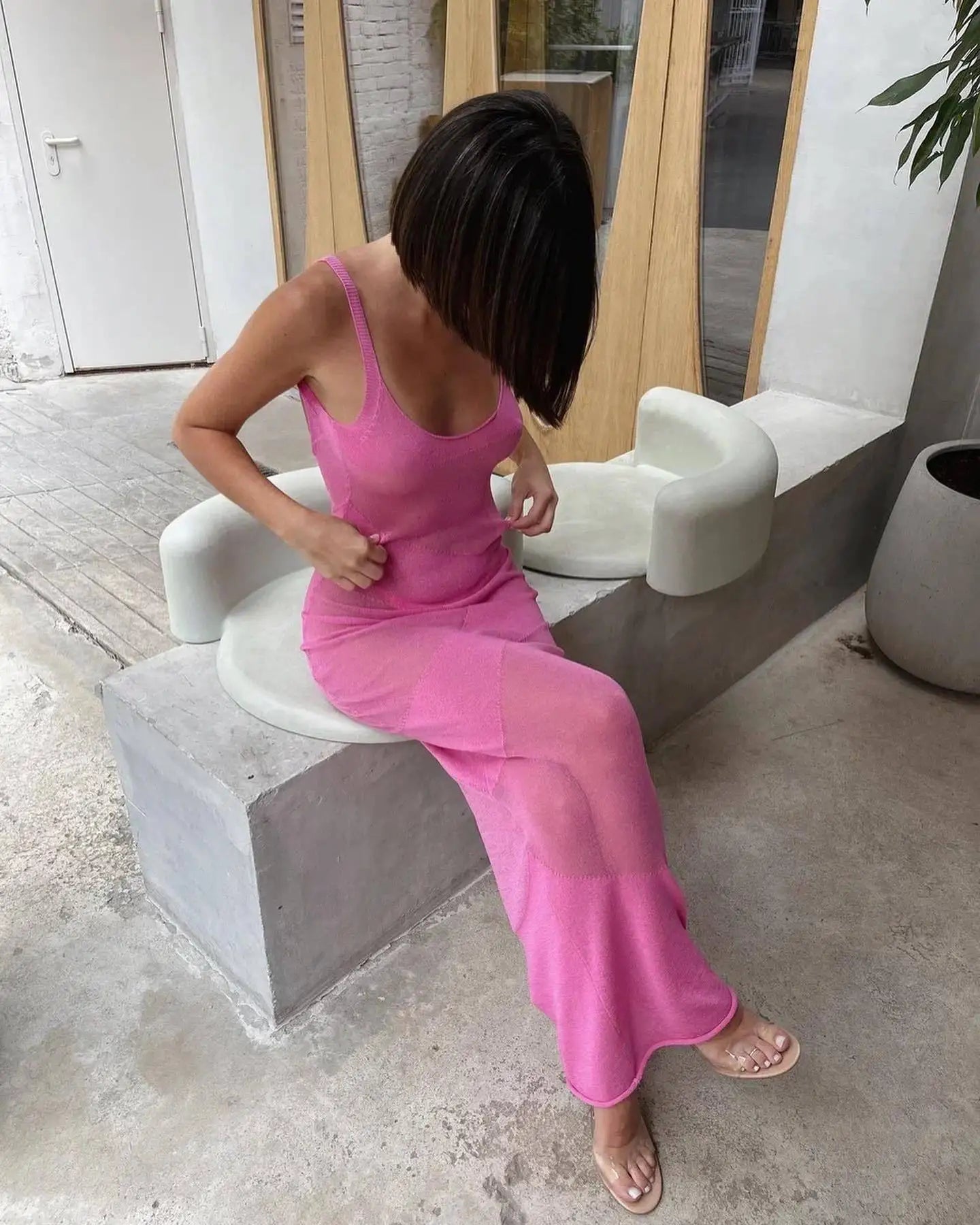 TARUXY Sexy Backless Beach Dress Women Mesh Splice See Through Knitted Long Dresses Hot Girls Party Slim Elegant Cover-up Dress