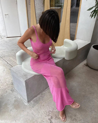 TARUXY Sexy Backless Beach Dress Women Mesh Splice See Through Knitted Long Dresses Hot Girls Party Slim Elegant Cover-up Dress