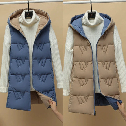 Autumn Winter Two-Sided Hooded Light Casual Down Cotton Vest Coat 2025 New Women Long Vest Jacket Korean Loose Waistcoat Jacket