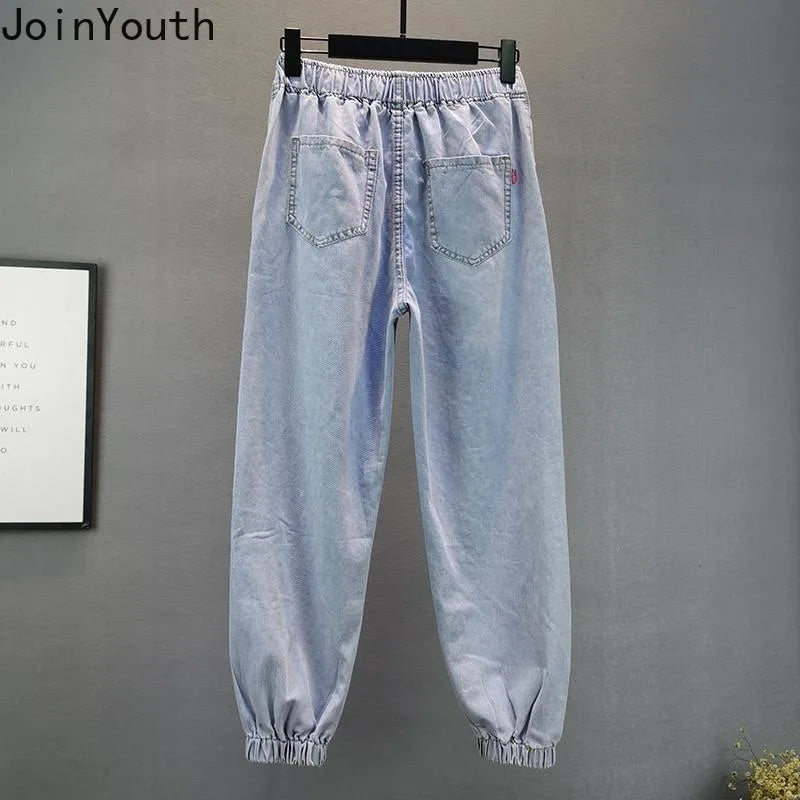 Korean Jeans Woman Streetwear Fashion Denim Harem Pants 2025 New Bottoms Elastic Waist Beading Casual Vintage Y2k Pantalon Femme