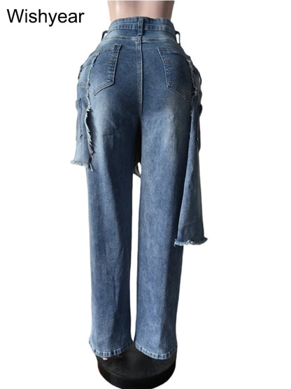 Casual Blue Stretch Denim Jeans with Apron Perforated Straight Wide Leg Trousers for Women Autumn Winter Streetwear Y2K Style