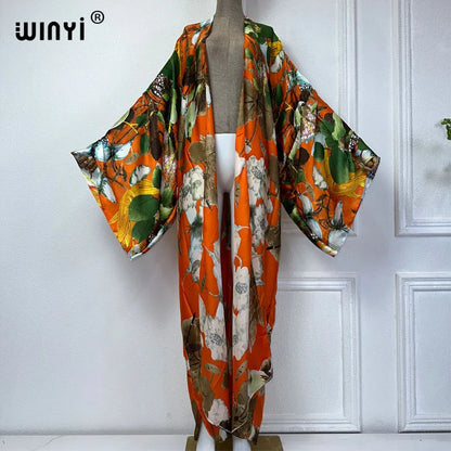 2024 WINYI Summer print Beach Wear Swim Suit elegant Africa women boho Cardigan sexy Holiday long Sleeve Kimono fashion abaya