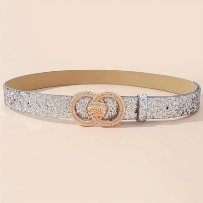 1pc Women's Silver Fashion Double Ring Carved Buckle Metal Bright Pu Belt Versatile Dress Jacket Jeans Accessory Belt