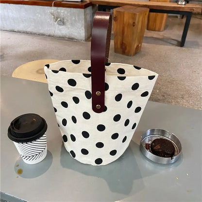 Simple Wave Point Polka Dot Canvas Bucket Bag Korean Style Large Capacity Handbag Lunch Bag Tote Bag Mummy Bag Shopping Bags