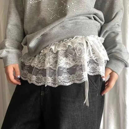 Korean Ins Blogger Unique Lace Layered Gauze Skirts Lace Trim A-Line Short Cloth Mini Waist Skirts Harajuku Girl's White Skirts
