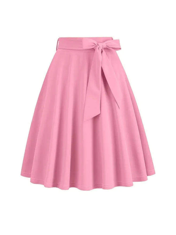 2025 Women Retro Vintage Midi Long Skirt Solid Elegant High Waist A Line Skater 50s Swing Skirts Ladies Workwear Falda Mujer