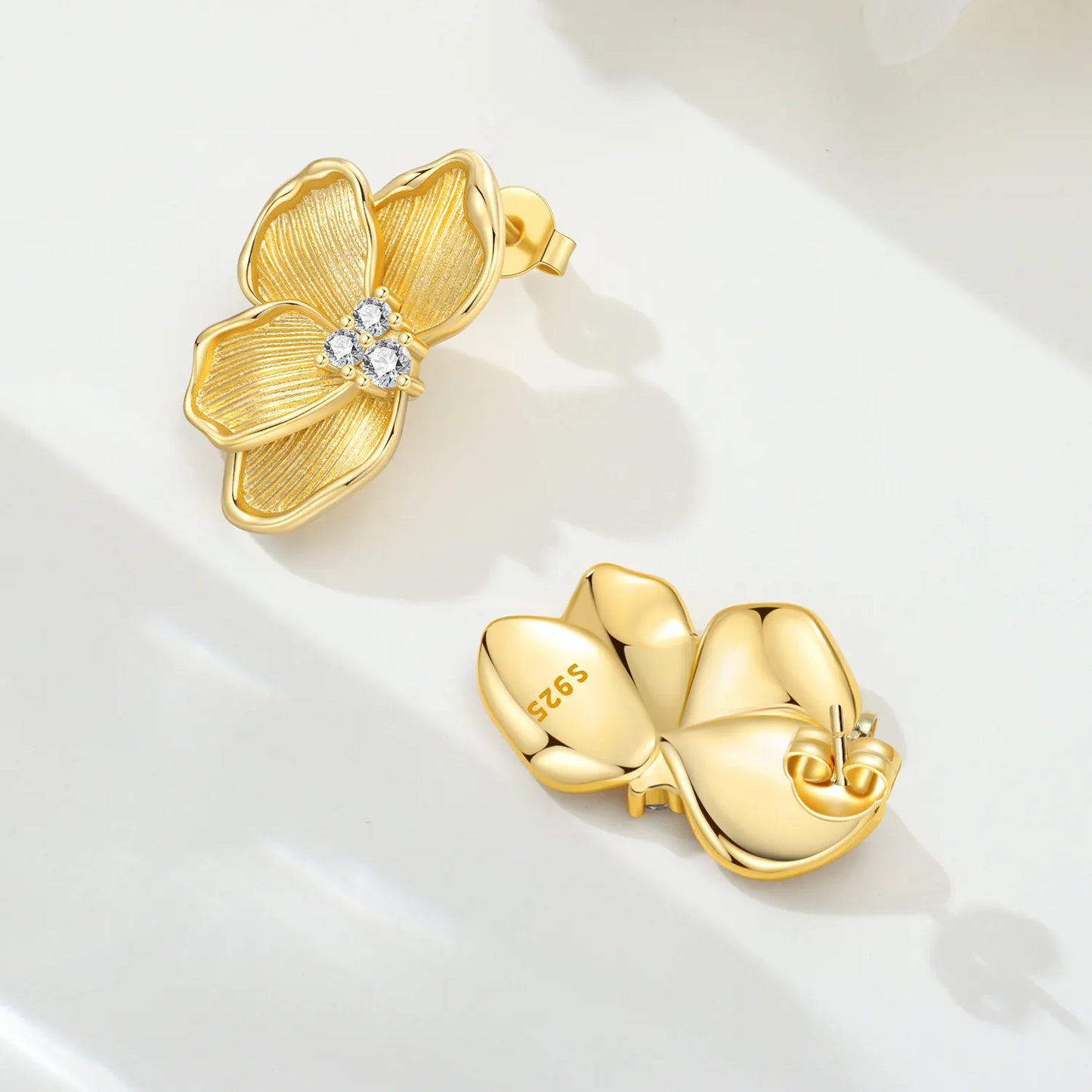 Original 925 Sterling Silver Fashion Zircon 18K Golden Petal Stud Earrings for Women Birthday Party Accessories Gifts Jewellery