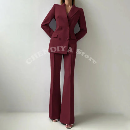Women Suits Sets 2 Piece Elegant Peak Lapel Double Breasted Outfits Fashion Daily Casual Chic Female Suit (Jacket+Pants)