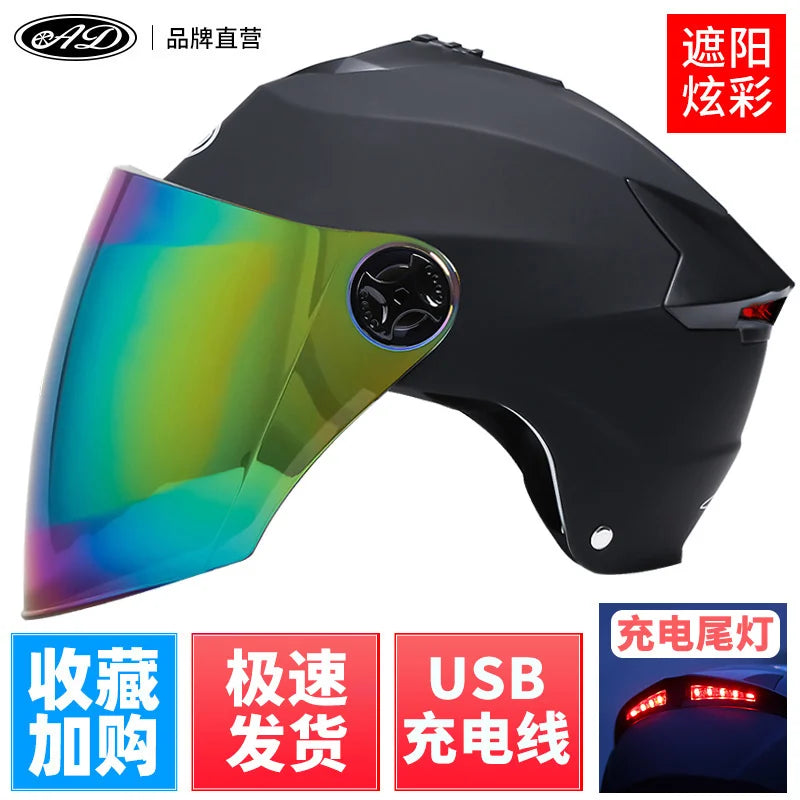 Motorcycle Helmets With Led Lights Moped Helmet Electric Scooter for Men Women With Double Visor Rechargeable Bicycle Light Bike