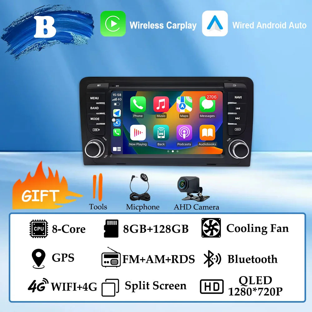GPS Navigation 7 inch 4G Wifi Car Radio Android 16 for Audi A3 8P 2003-2011 S3 RS3 Sportback CarPlay Multimedia Player Video DSP