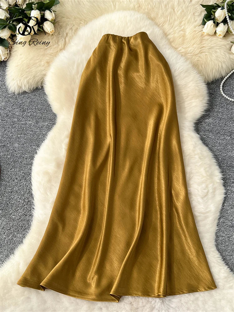SINGREINY Senior Solid Satin Skirt Elastic Waist 2025 Newest Frence Elegant Women Fashion Basics Office Lady Skinny Midi Skirt