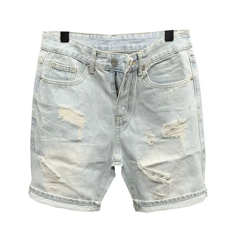 New 2025 Beggar Cat Whisker Big Hole Popular Pants Men's Summer Trendy Brand Washed Blue Denim Shorts Streetwear Ripped Jeans