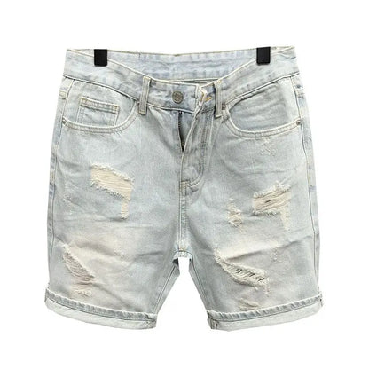New 2025 Beggar Cat Whisker Big Hole Popular Pants Men's Summer Trendy Brand Washed Blue Denim Shorts Streetwear Ripped Jeans