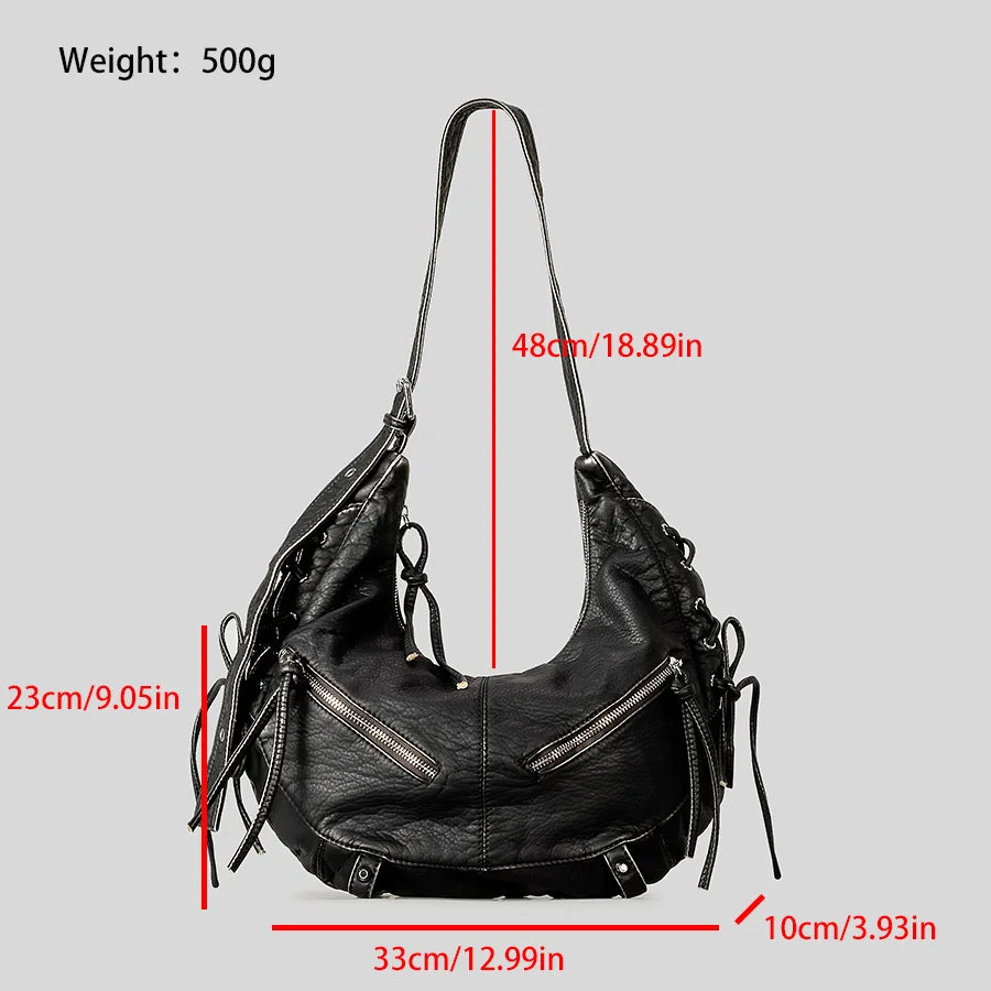 Strappy Punk Style Motorcycle Underarm Bag for Women Messenger Bag Large Capacity Soft PU Leather Female Shoulder Bag Handbag