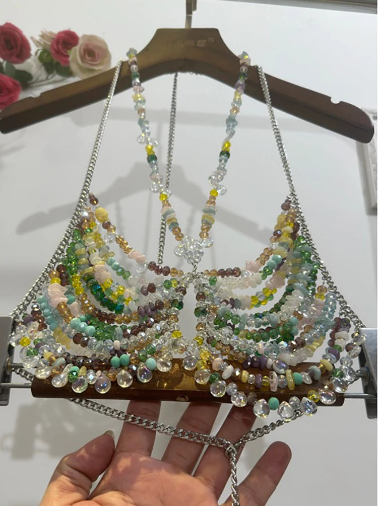 2025 New Women's Necklace Beaded Vest Hollow Out Top Jewelry Exaggerated Pearls Neck Bra Fashion Bra Women's Club Carnival