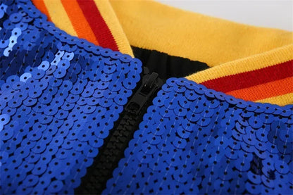 Autumn High Quality Letter Streetwear Sequined Long Sleeve Round Neck Loose Jacket Women Hip Hop Night Club Patchwork Coats