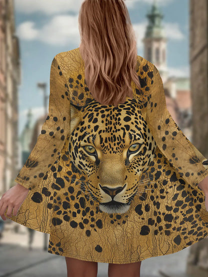 Women's Winter Jacket with 3D Tiger and Lion Animal Prints, Front-Opening Loose Fit Cape, Casual Polyester Women's Clothing