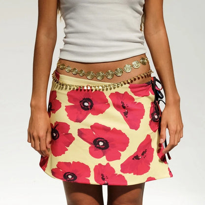 Multi-wear style Floral Print Mini Skirt Crop Tops Women Slim Low Waist Side Split Tie-Up Bodycon Skirt Y2K Vintage Streetwear