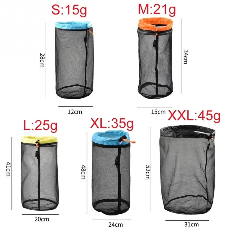 S/M/L/XL/XXL Ultralight Nylon Mesh Bags Sleeping Bag Ditty Sacks Drawstring Storage Bag for Travelling Hiking Camping Outdoor