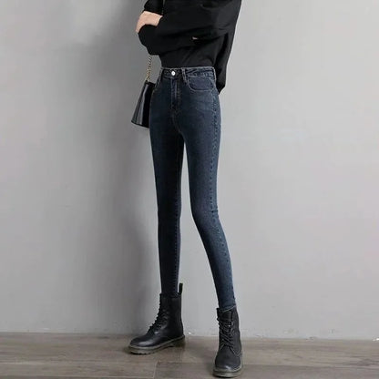 Women High Waist Thermal Jeans Winter Warm Stretchy Fleece Lined Denim Pants Leggings Blue Black Female Slim Pants Trousers
