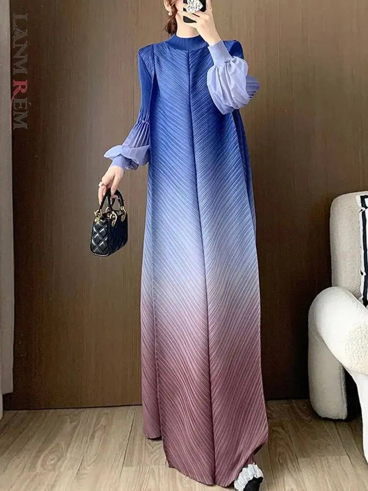 LANMREM Niche Gradient Colorblock Design Pleasted Women's Dress 2025 New Loose Chic Long Sleeve Temperament Long Dresses 2DB3396