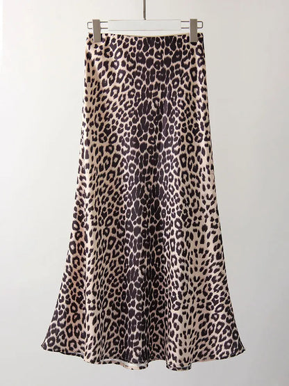Long Leopard Print Skirts Women Satin Summer Office Elegant Maxi Zipper Skirt Satin Silk Fashion Fishtail Skirt Women Summer