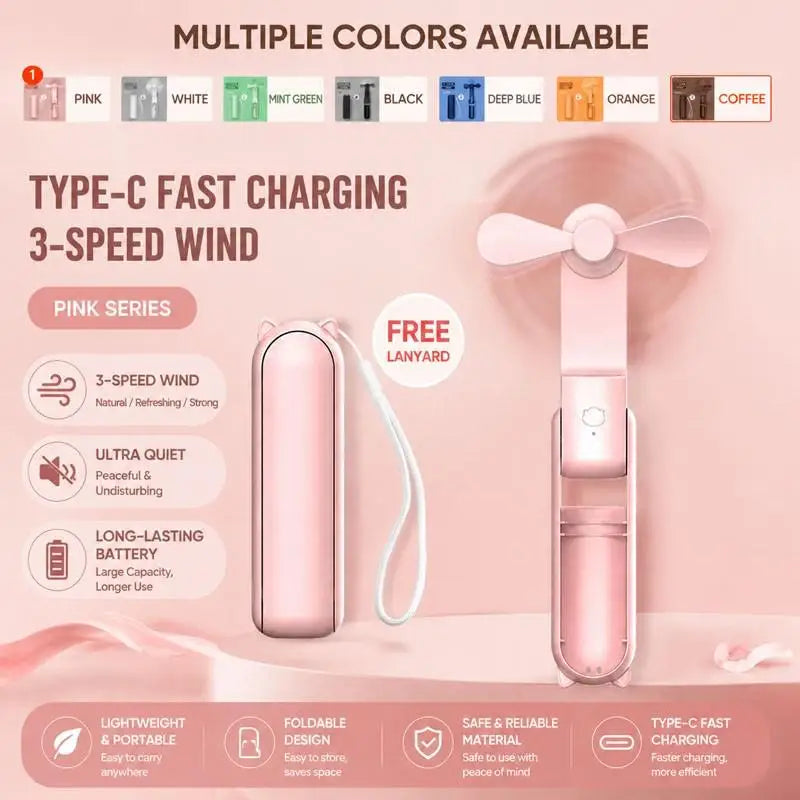 Portable Fan 2000mAh USB Rechargeable 3 Speed Mini Handheld Foldable Fan Hand Held Small Pocket Travel Fan with Handy Power Bank