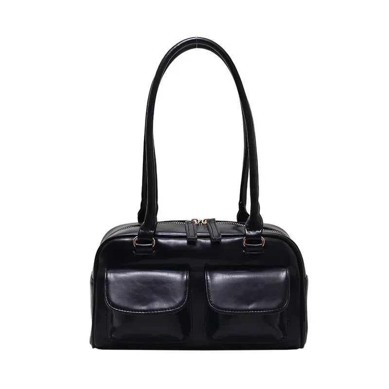 Retro Red Women's Satchel Hobo Bag Patent Leather Multi Pocket Luxury Designer Handbag Female Shoulder Underarm Bag Tote Purses