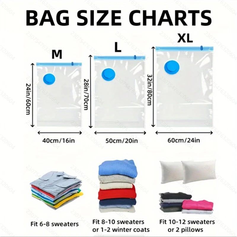 2/3/7 Pcs Vacuum Storage Bags for Clothes/Duvets, Heavy Duty with Hand Pump, Space Saver, Airtight, Reusable, Travel, Packing Cu