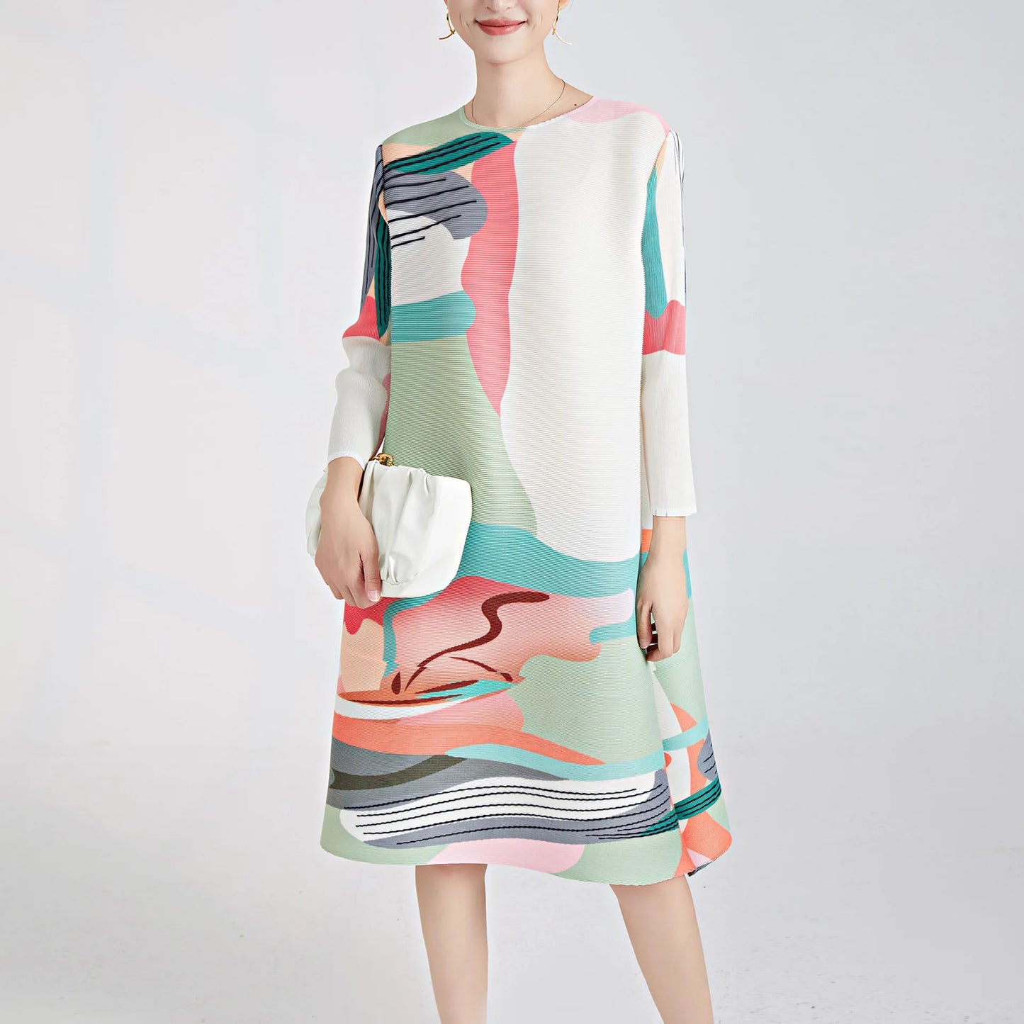 Fashion Pleated Dress Summer Women's Loose Multi Color Printed O-Neck Long Sleeve Mid Length Elegant Three House Dress