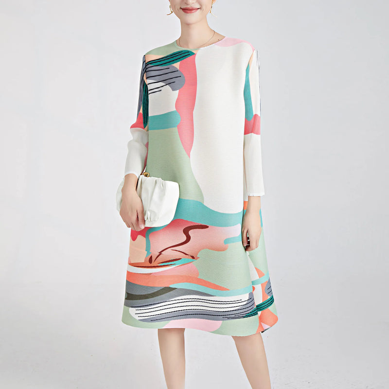 Fashion Pleated Dress Summer Women's Loose Multi Color Printed O-Neck Long Sleeve Mid Length Elegant Three House Dress