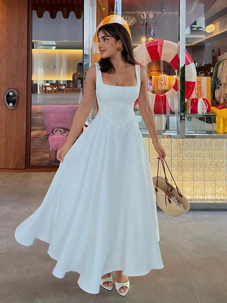 Black A-line Women's Long Dress Elegant Square Neck Pleated Sleeveless Sling Maxi Dresses 2025 Summer Lady Vacation Party Robes