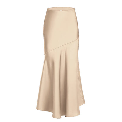 Fishtail Maxi Skirt Elegant Faux Silk Satin Skirts for Women High Waist A-line Office Lady Skirt Solid Color Glossy Finish W6681