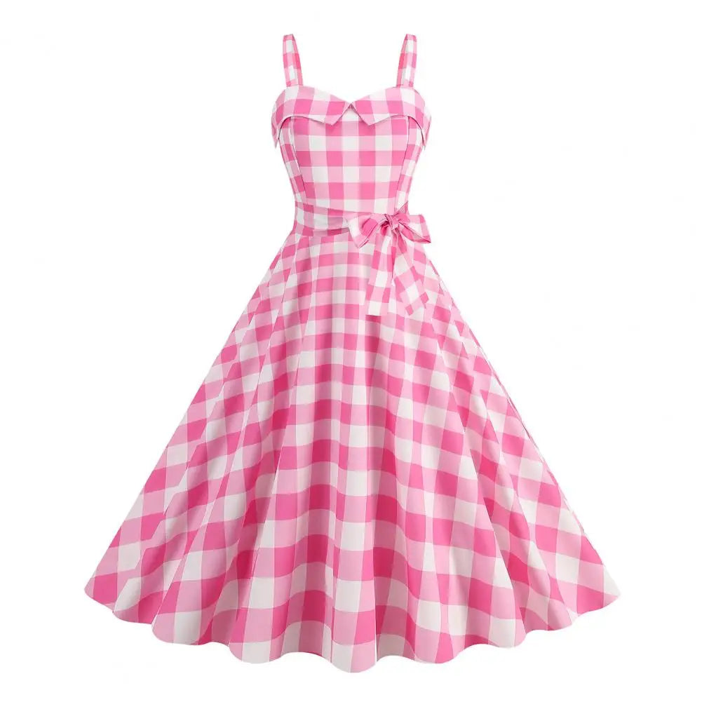 Women Vintage Pink Plaid Dress Retro Rockabilly Strap Suspenders Cocktail Party 1950s 40s Swing Dress Summer Dresses