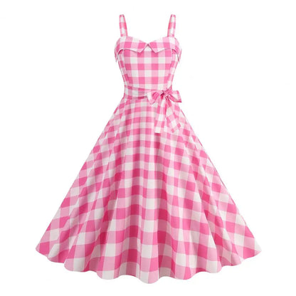 Women Vintage Pink Plaid Dress Retro Rockabilly Strap Suspenders Cocktail Party 1950s 40s Swing Dress Summer Dresses