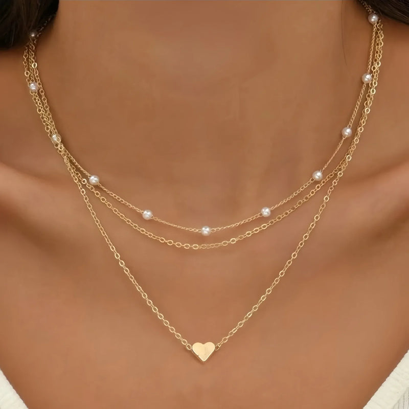 LATS Multilayer Pearl Cross Love Heart Pendant Necklaces for Women Gold Color Fashion Collarbone Neck Chain 2024 Trend Jewelry